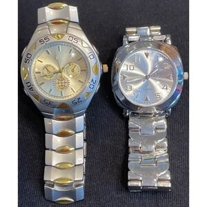 Mens Two Tone Stainless Steel Quartz & Silver Tone Watches Both Work!